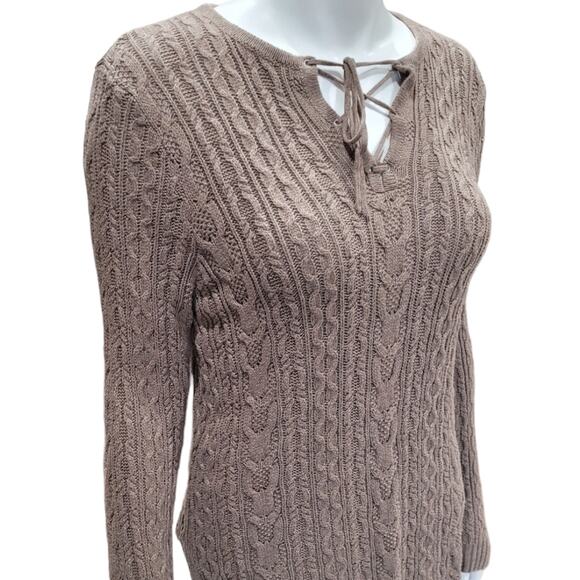 Jeanne Pierre Womens Fisherman Knit Sweater L Tan Taupe Oatmeal Cableknit Cotton - Picture 6 of 7